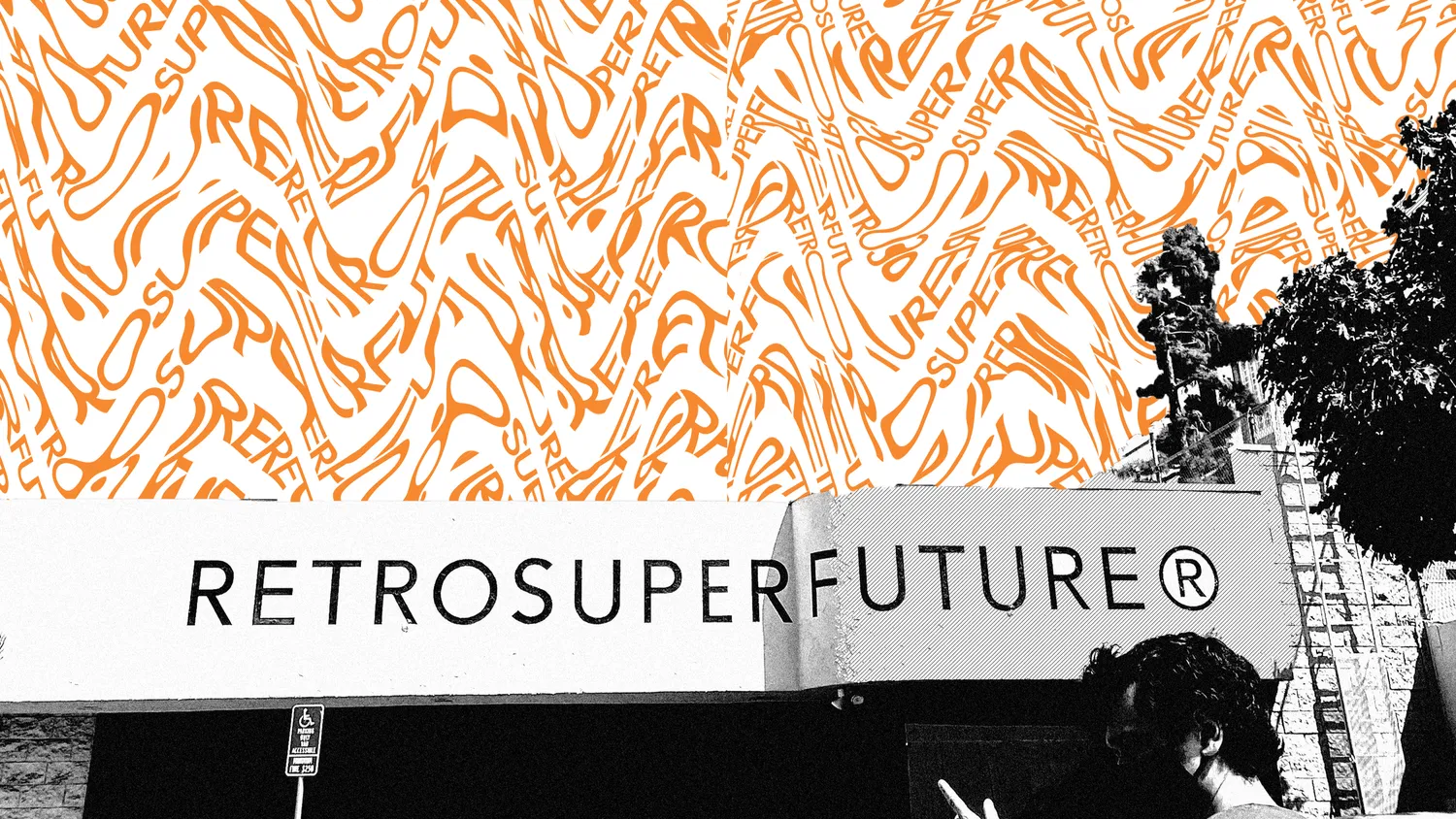 A black and white photo of a sign that reads 'RETROSUPERFUTURE' with a graffiti-style background in orange and white that contains the words 'SUPER' and 'RE