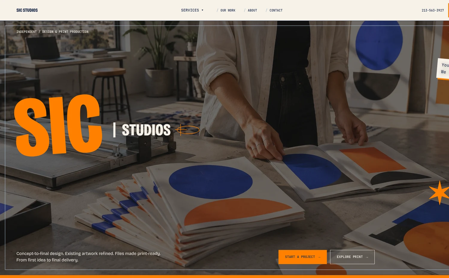 SIC STUDIOS website homepage — bold orange SIC STUDIOS wordmark over a studio scene with screen-printed artwork in blue and orange